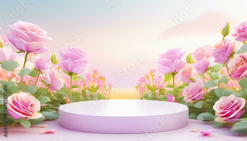 Abstract scene background. Cylinder podium on pink flowers background. Product presentation  mock up  show cosmetic product  Podium  stage pedestal or platform.