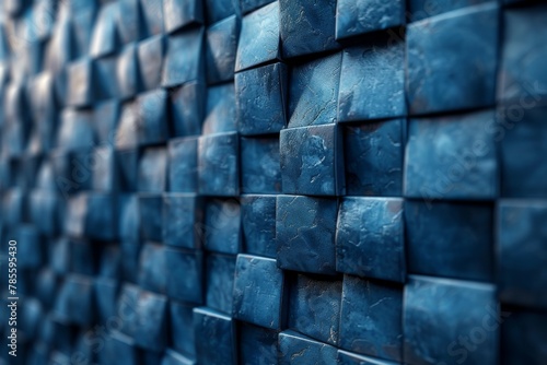 A cool, monochromatic 3D pattern with varying shades of blue boxes creating a mesmerizing textured wall effect