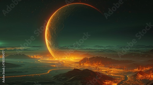  An artist's depiction of a far-off world with a circular ring in the mid-sky and mountains in the foreground