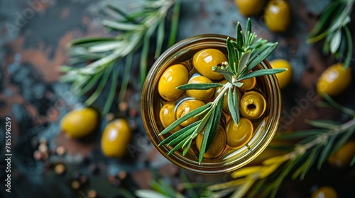  A glass jar filled with olives; rosemary sprig atop, olives nestled beneath