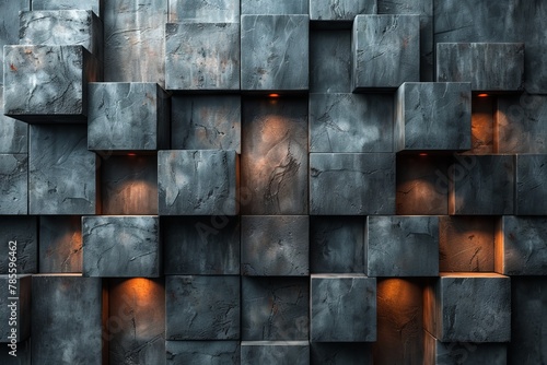 Metallic grey blocks artistically stacked with selective orange lighting creating a sense of depth and texture