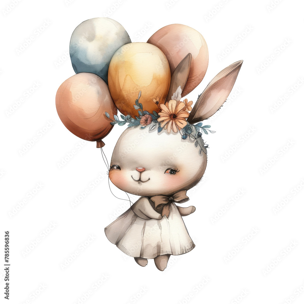 A fluffy white Easter bunny wears a white dress and is decorated with colorful balloons, toys and gifts. It symbolizes the joy and magic of the holiday season. A fluffy white Easter bunny wears a white dress and is decorated with colorful balloons, toys and gifts. It symbolizes the joy and magic of the holiday season.