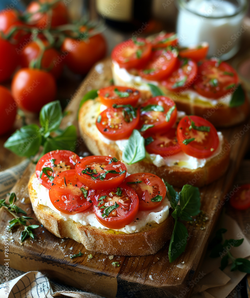 Bruschetta with tomatoes mozzarella cheese and herbs on cutting board Bruschetta with tomatoes mozzarella cheese and herbs on cutting board