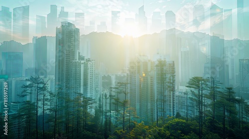 Double exposure cityscape of urban downtown with green summer forest landscape