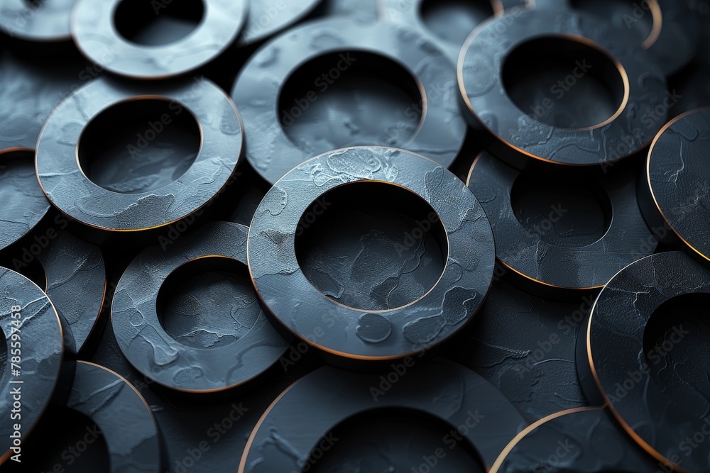 The image presents an arrangement of circular rings with orange accents on a dark, textured background
