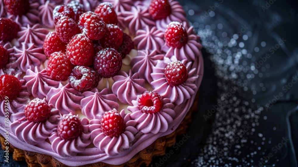 Close-up of a frosted cake topped with frosting and raspberries Close-up of a frosted cake topped with frosting and raspberries