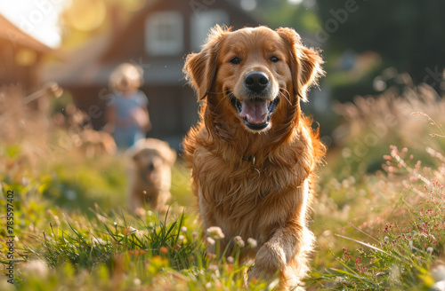 Two young children and dog running in field