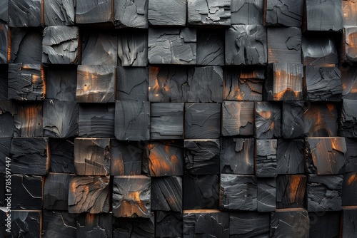 A close-up of an arranged pattern of charred wooden blocks, showcasing the effects of burning and textures photo