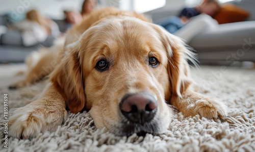 Close up of golden retriever lying on the floor