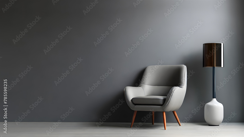 A modern cushion chair and tall lamp are set against a gray wall. Minimalist and copy space. Ideal for modern interior design and modern architecture. A modern cushion chair and tall lamp are set against a gray wall. Minimalist and copy space. Ideal for modern interior design and modern architecture.