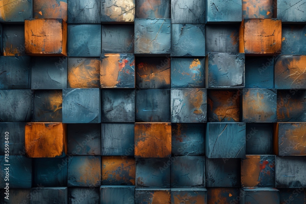 This image presents a rustic palette of colored tiles arranged in a unique wall pattern with weathered surface textures This image presents a rustic palette of colored tiles arranged in a unique wall pattern with weathered surface textures
