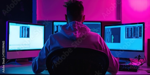 man coding in pink and blue glowing room with multiple monitors