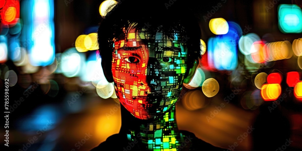 Asian man with digital glitch face