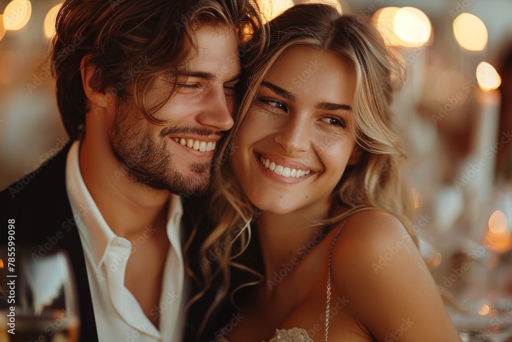 At an intimate dinner setting, a couple shares a laugh with wine glasses in the foreground At an intimate dinner setting, a couple shares a laugh with wine glasses in the foreground