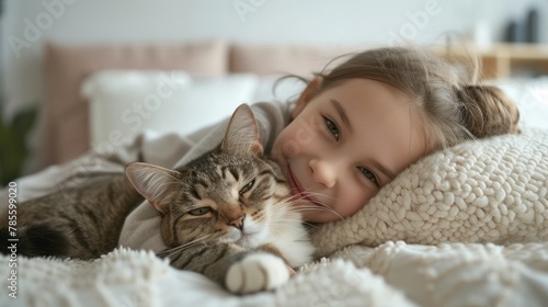 A little girl tenderly hugs her kitten and lies on the bed in the morning in a bright bedroom. Friendship concept between child and pet, copy space for text 