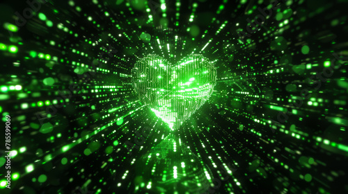 Cute heart enveloped in the iconic style of the matrix's falling green code, the heart glowing softly against the dark, digital backdrop