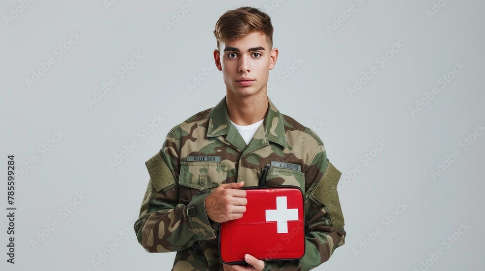 doctor wearing camouflage army uniform holding first aid kit doctor wearing camouflage army uniform holding first aid kit