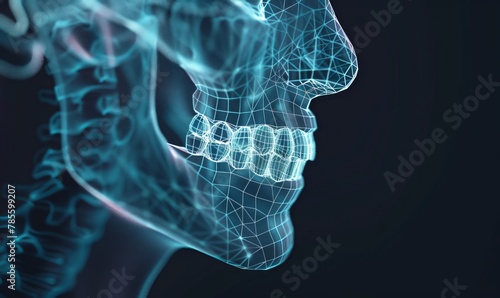 A close-up view from the side of a healthy man's jaw and mouth, emphasizing correct bite, occlusion, and molars photo