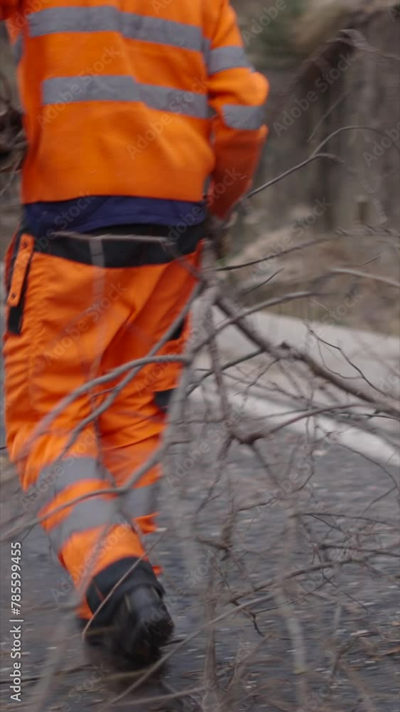 Men in orange jumpsuits remove branches Men in orange jumpsuits remove branches