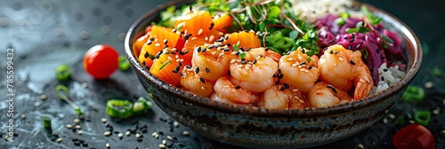 A delightful poke bowl showcasing an array of colorful seafood and veggies, promising a refreshin