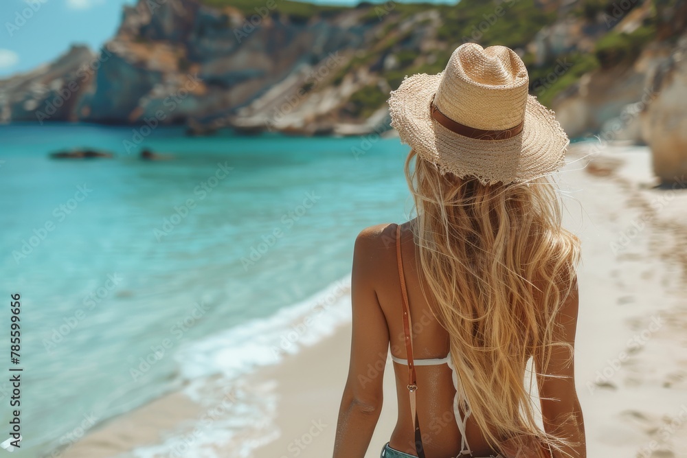 This warm image shows the back of a woman walking on a sun-kissed beach with a straw hat, implying a sense of escape