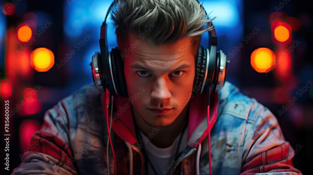 Young gamer in a neon-lit environment Young gamer in a neon-lit environment
