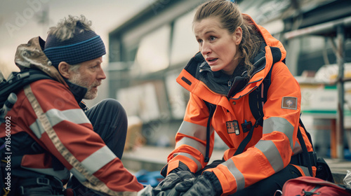 A paramedic kneels beside an injured person, their focused expression conveying expertise and compassion. 