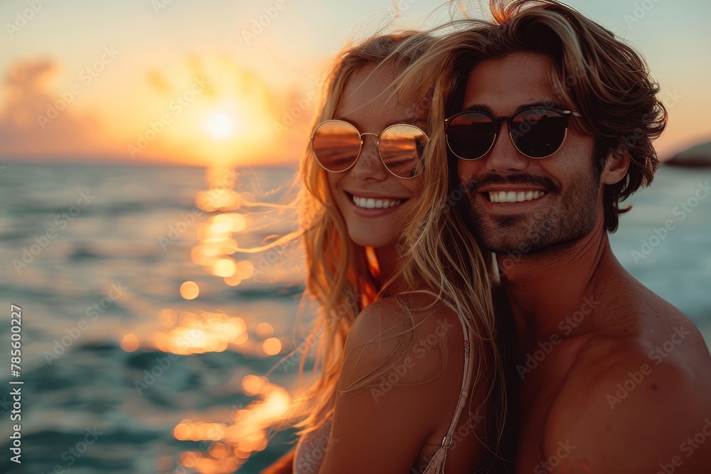 A couple in sunglasses embraces against a backdrop of ocean sunset A couple in sunglasses embraces against a backdrop of ocean sunset