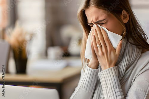 Young woman suffering from runny nose or nasal blocking. Common cold or flu patient with rhinitis photo