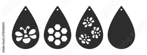 Set of vector designs with bee for teardrop earrings, pendant or keychain. Jewelry silhouette laser cut template. Cnc cutting with metal, wood or leather