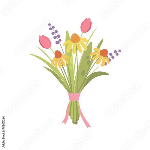 Spring flowers. Fragile field blooms. Mixed floral summer plants, stems composition. Gentle simple blossomed wildflowers. Abstract botanical flat vector illustration isolated on white
