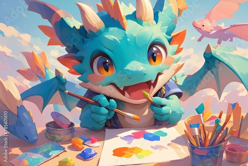 A cute dragon artist happily painting on a pastel background, surrounded by their colorful creations , hyper realistic photo