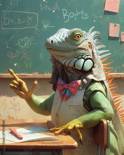 A cute iguana teacher with a colorful bowtie, cheerfully instructing students while standing in front of a blackboard on a light sienna wall , hyper realistic