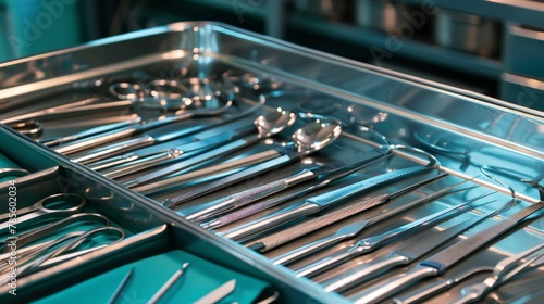 A tray of medical instruments, including scissors and tweezers