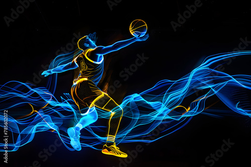 Neon basketball player in midair isolated on black background. © Neon Hub
