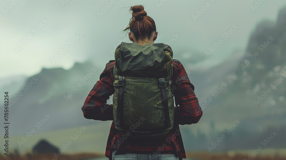 A woman with a backpack is standing in a field with mountains in the background A woman with a backpack is standing in a field with mountains in the background