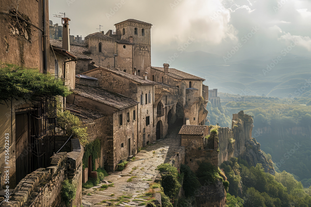A serene village perched on a cliff, with ancient stone buildings overlooking misty valleys and mountains under a bright sky