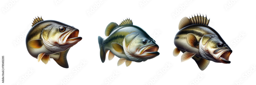 Set of largemouth bass fish, illustration, isolated over on transparent white background Set of largemouth bass fish, illustration, isolated over on transparent white background