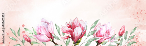 fresh magnolia flower botanical watercolor illustration floral design petals blooming spring tropical pink beautiful plant border background template