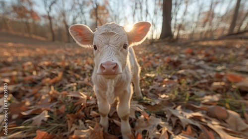  A tight shot of a small cow grazing in a field, surrounded by fallen leaves In the backdrop, a solitary tree stands tall