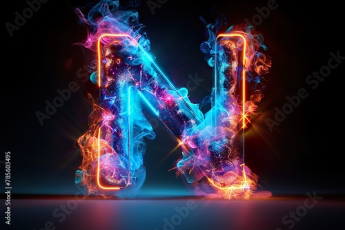 colorful glowing outline alphabet symbol on blue lens flare isolated white background