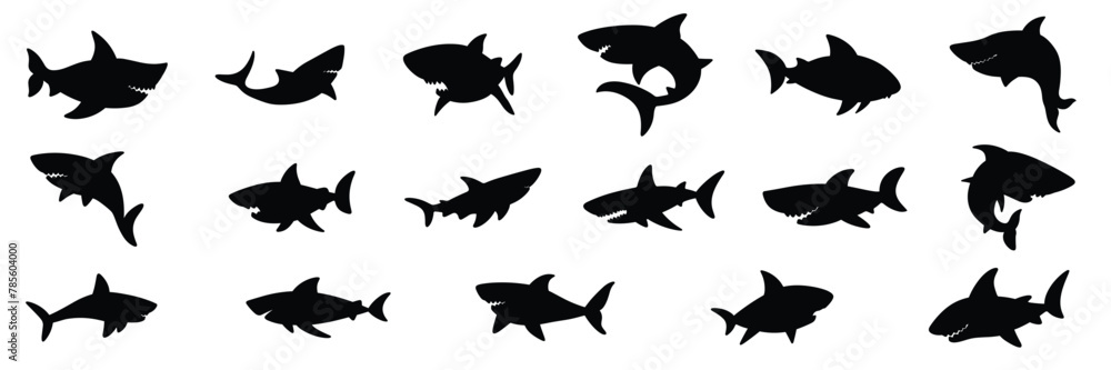 Big collection of shark silhouette. Hand drawn vector art. Big collection of shark silhouette. Hand drawn vector art.