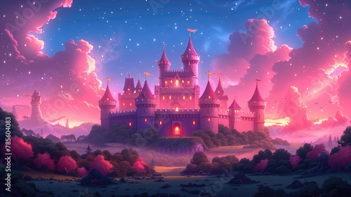 Pink fairy -tale palace on the background of pink clouds. The plot with a castle from a fairy tale. Fairytale plot. Caulpers with Bashnmi against the background of sunset. photo