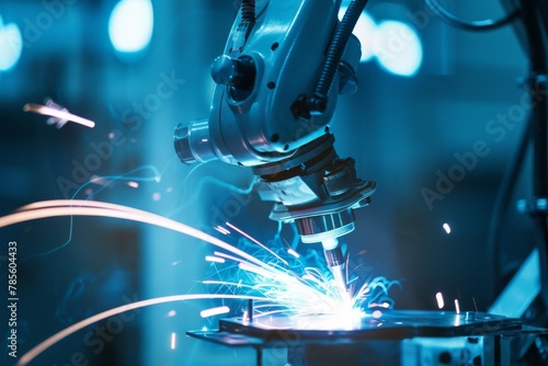 Robot welder at work in industrial setting, showcasing advanced technology and precision