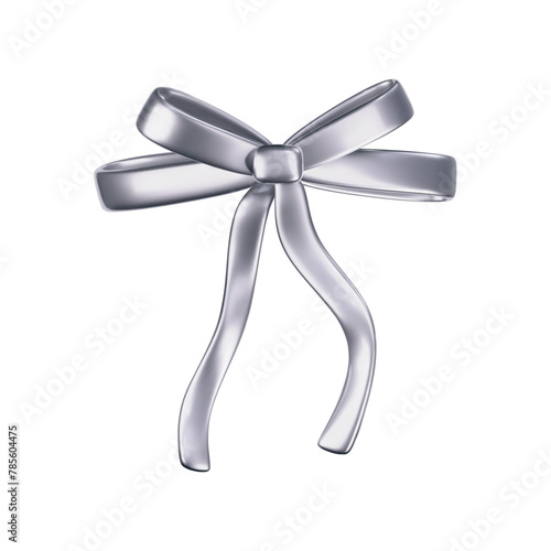 3d chrome liquid bow ribbon in y2k style isolated on a dark background. Render of the modern silver aesthetic bow knot, vintage girly hair accessory with reflection gradient effect. 3d vector y2k icon
