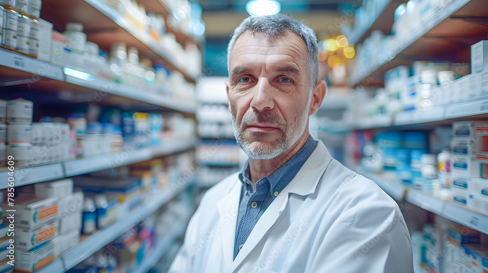 A pharmacist in a white lab coat stands in a pharmacy aisle. Generative AI