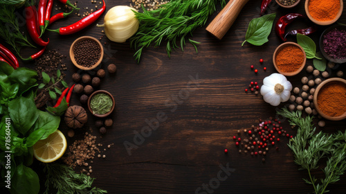 Spice herbs and vegetables frame food background and empty cutting board