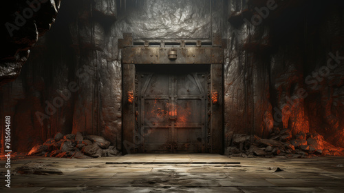 empty room with a rusty door  Mysterious cave door