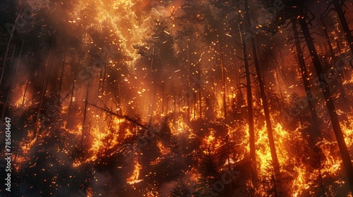 Intense night-time image of a dense forest ablaze with wildfire, embers rising among the trees.