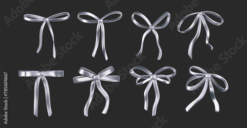 3d chrome liquid bow ribbon in y2k style isolated on a dark background. Render of the modern silver aesthetic bow knot, vintage girly hair accessory with reflection gradient effect. 3d vector y2k icon © janevasileva